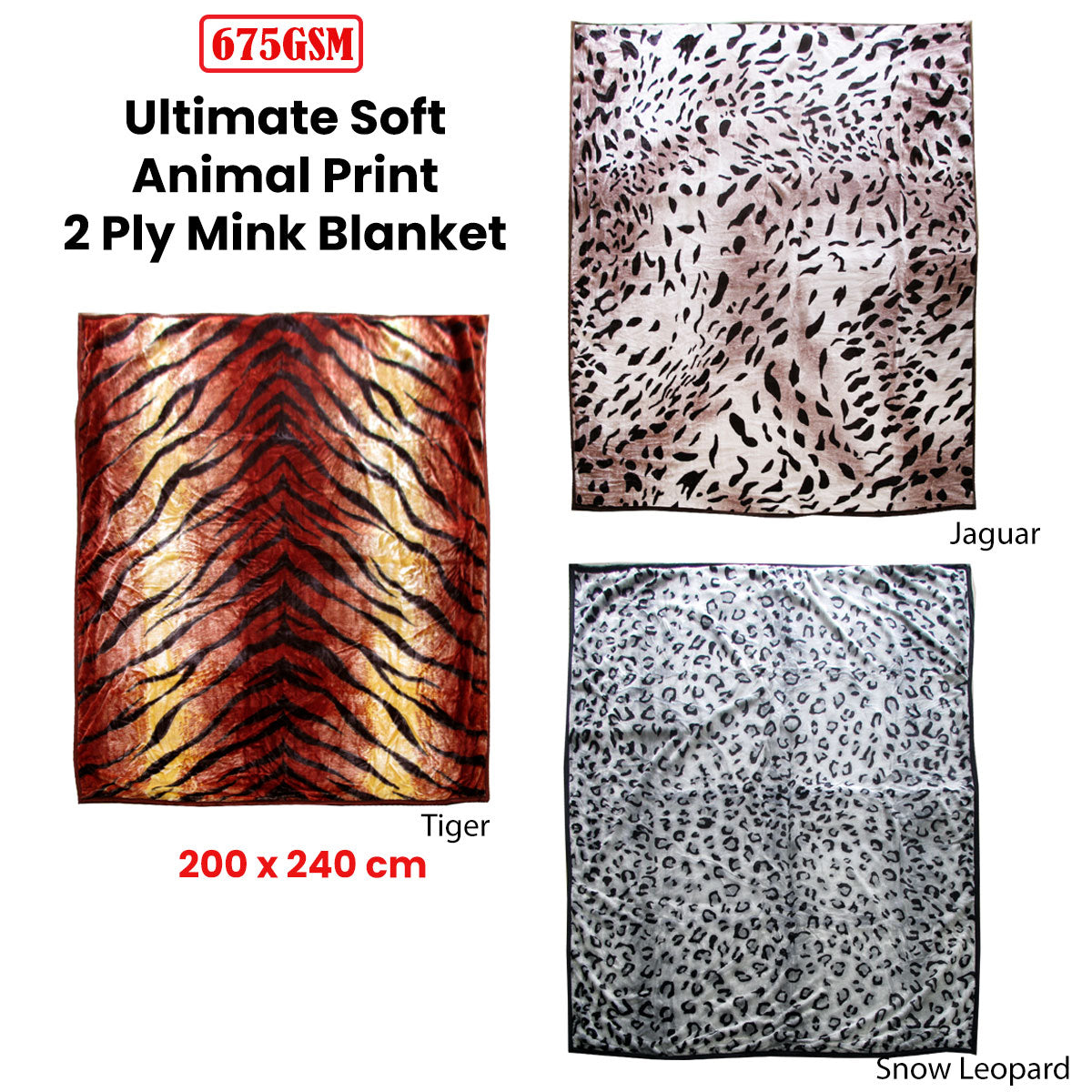 675gsm 2 Ply Animal Print Faux Mink Blanket Queen 200x240 cm Jaguar