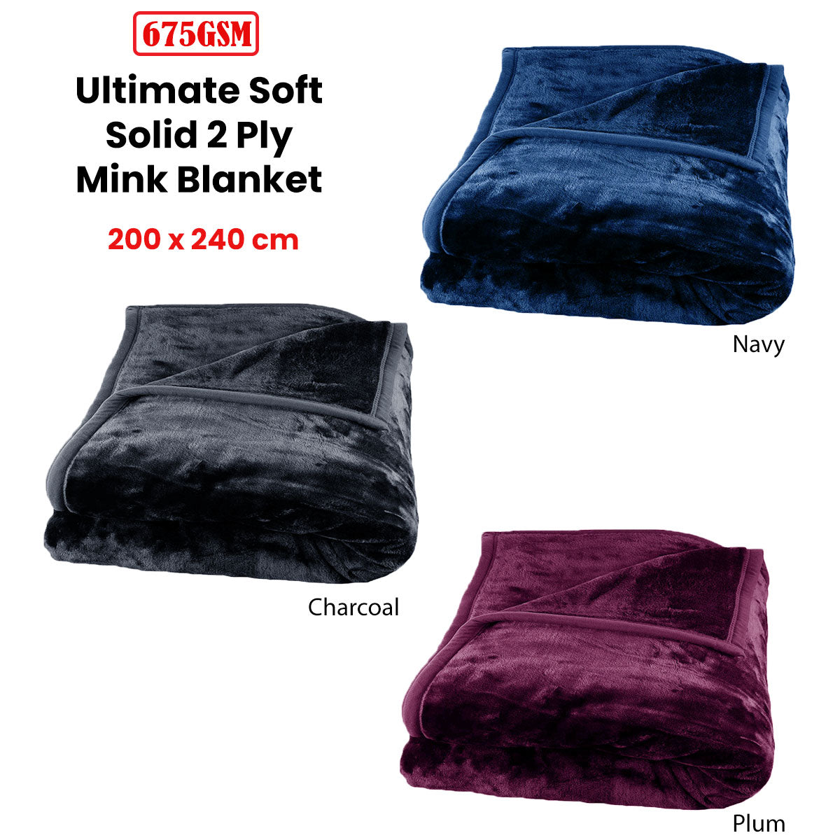 675gsm 2 Ply Solid Faux Mink Blanket Queen 200x240 cm Navy