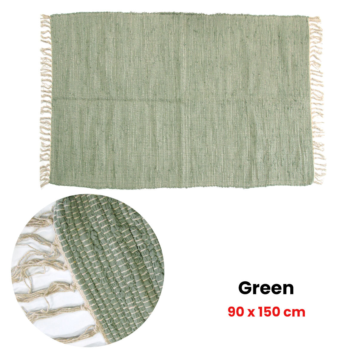 Floor Mat Large Chindi Cotton Handmade with Tassels 90x150CM - Green