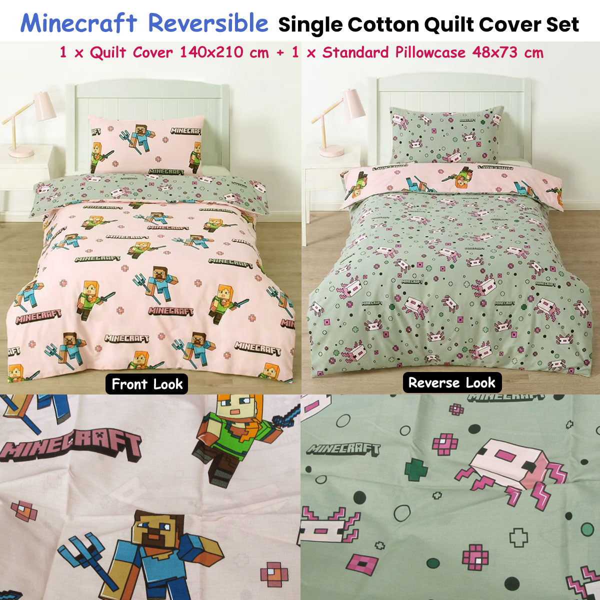 MOJANG Minecraft Reversible Cotton Boys Girls Quilt Cover Set Single