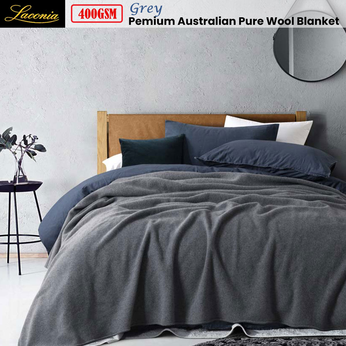 Laconia 400GSM Premium Australian Pure Wool Blanket Grey Queen