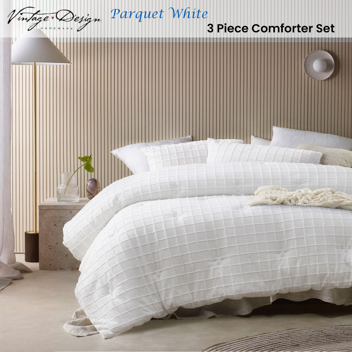 Vintage Design Homewares 3 Pcs Parquet White Comforter Set Queen