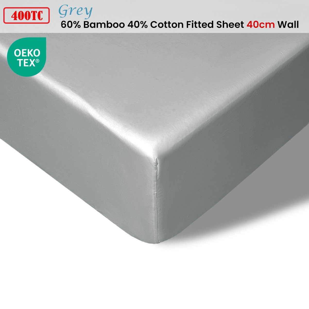 Accessorize 400TC Grey Bamboo Cotton Fitted Sheet 40cm Wall King Single