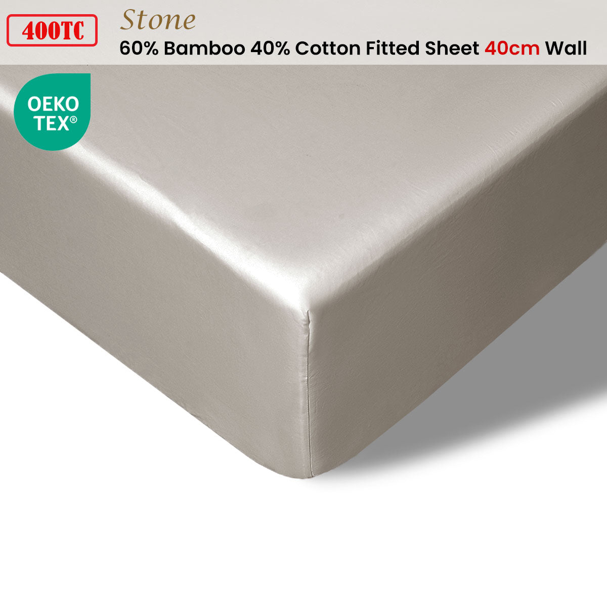 Accessorize 400TC Stone Bamboo Cotton Fitted Sheet 40cm Wall Double