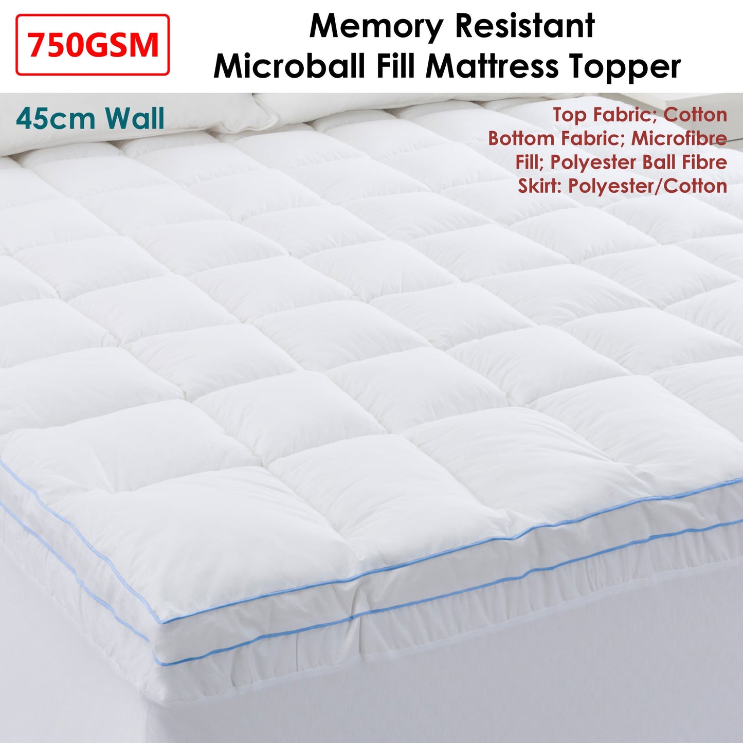 Mattress Topper Cloudland 750GSM Memory Resistant Microball Fill - King