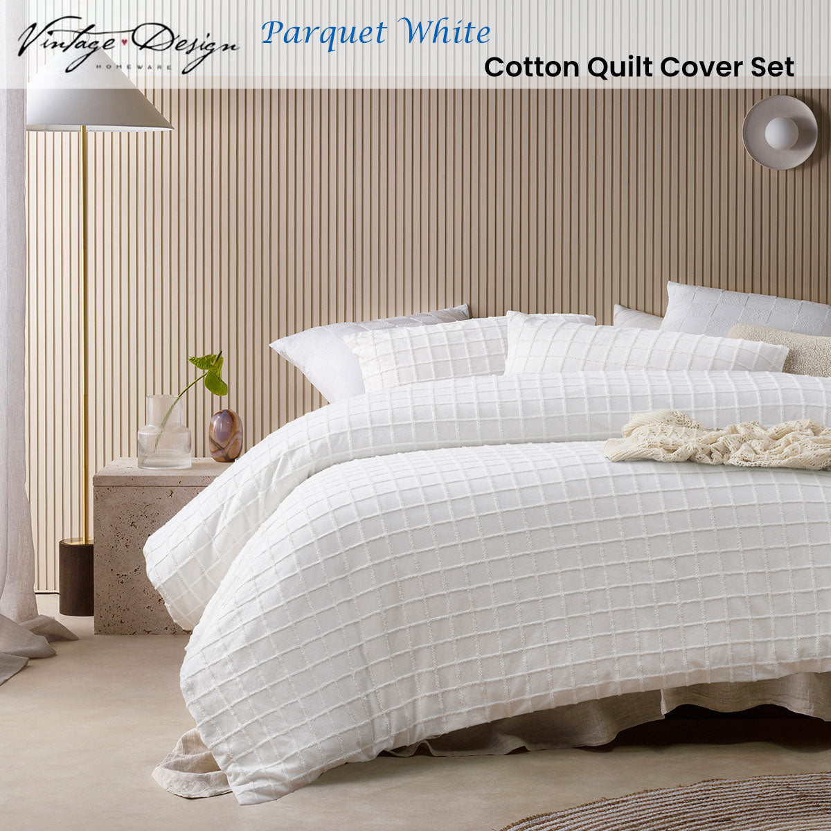 Vintage Design Homewares Parquet White Cotton Quilt Cover Set Double