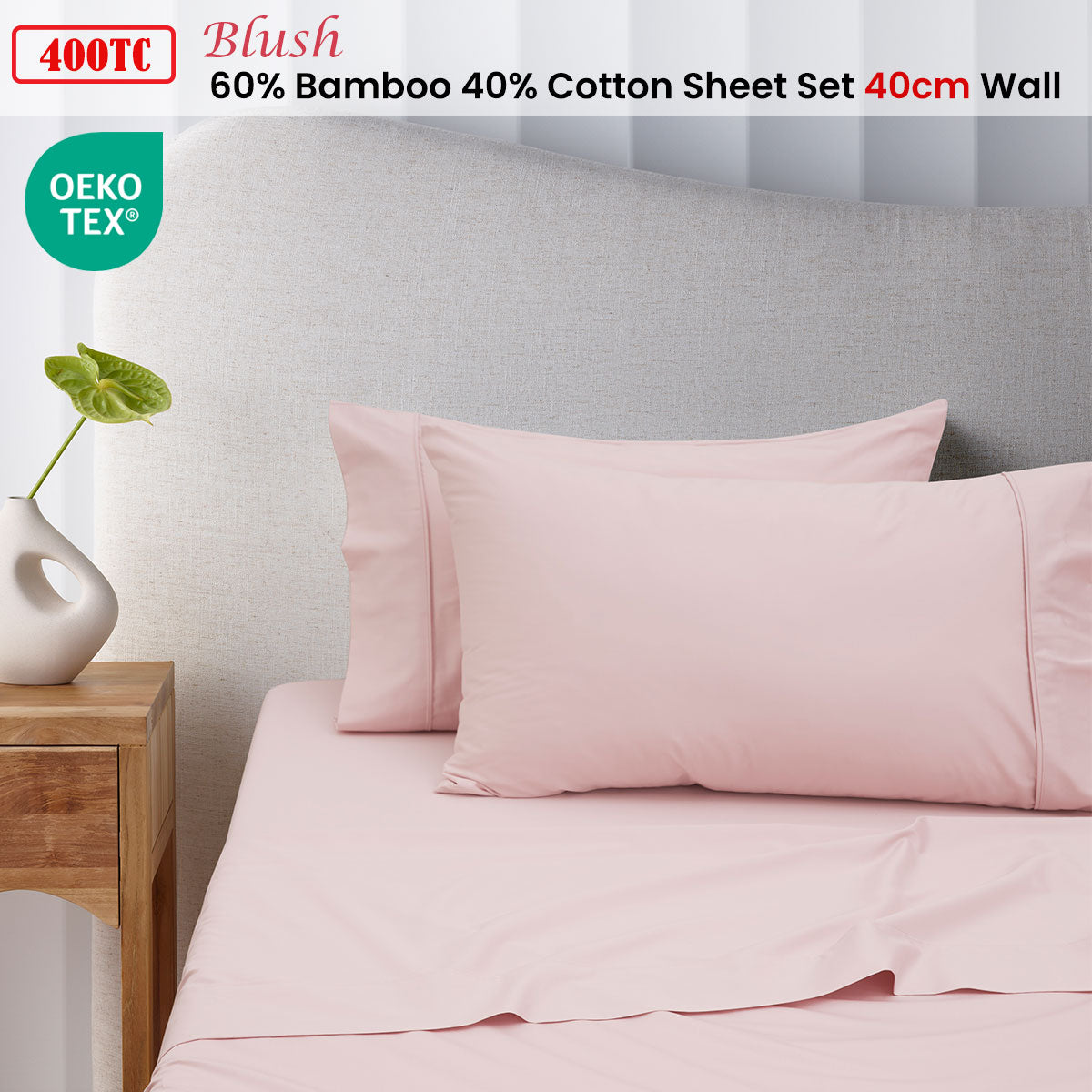 Accessorize 400TC Blush Bamboo Cotton Sheet Set 40cm Wall Queen