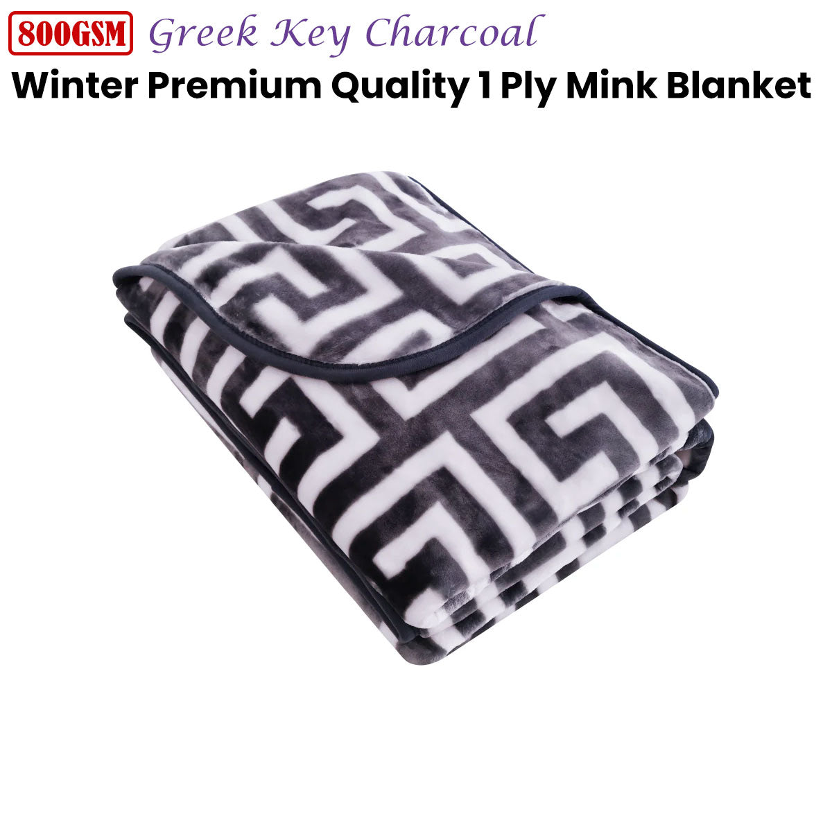 Mink Blanket Bloomington 800GSM Greek Key Charcoal Winter Premium 1-Ply - King