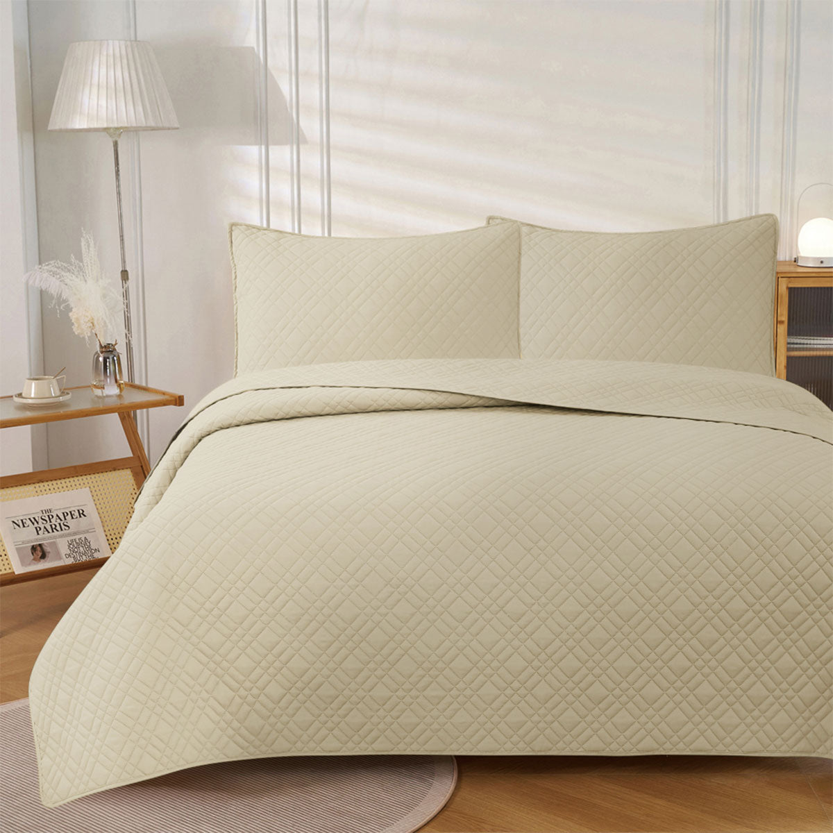 Jane Barrington Morris Beige Ultrasonic Embossed Lightly Quilted Reversible Coverlet Set Queen