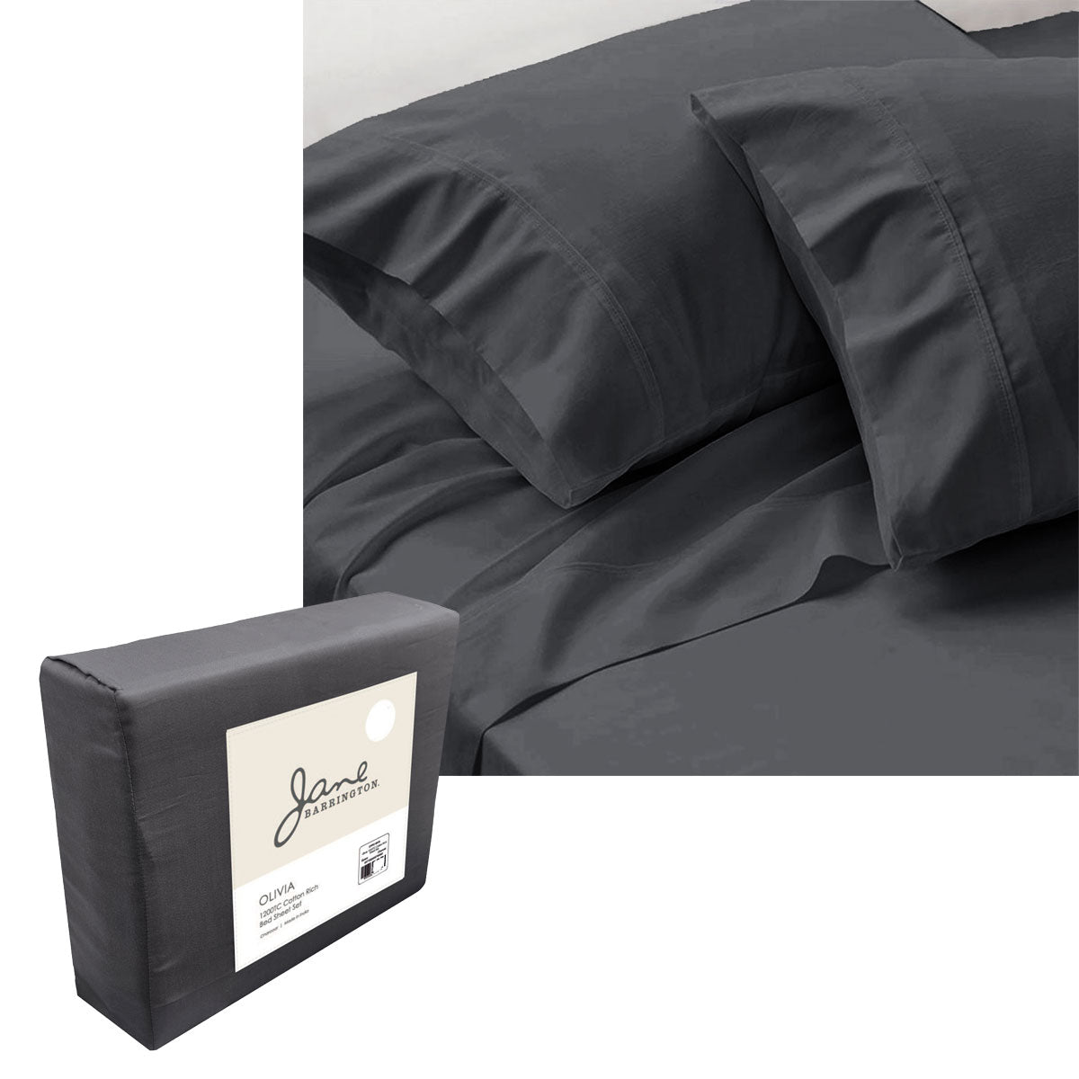 Jane Barrington 1200TC Olivia Cotton Rich Sheet Set 40cm Wall Charcoal King