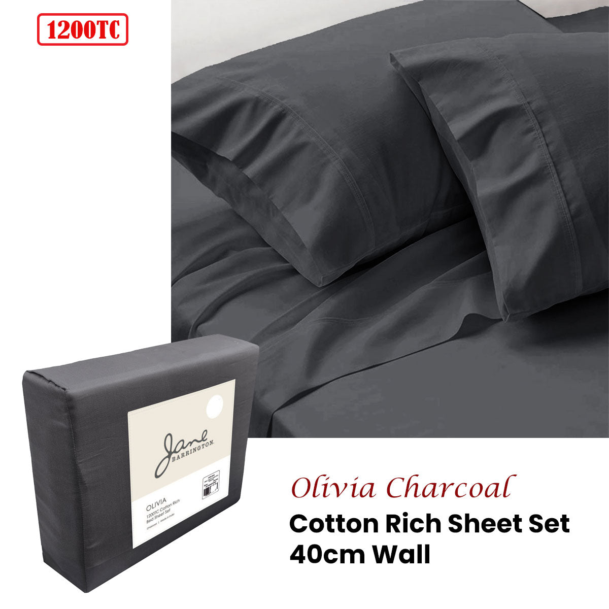 Sheet Set Jane Barrington 1200TC Olivia Cotton Rich 40CM Wall - Charcoal King