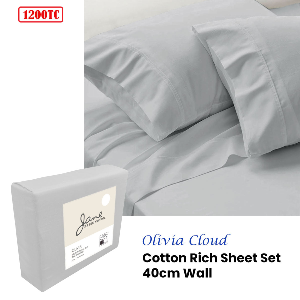 Sheet Set Jane Barrington 1200TC Olivia Cotton Rich 40CM Wall - Cloud King