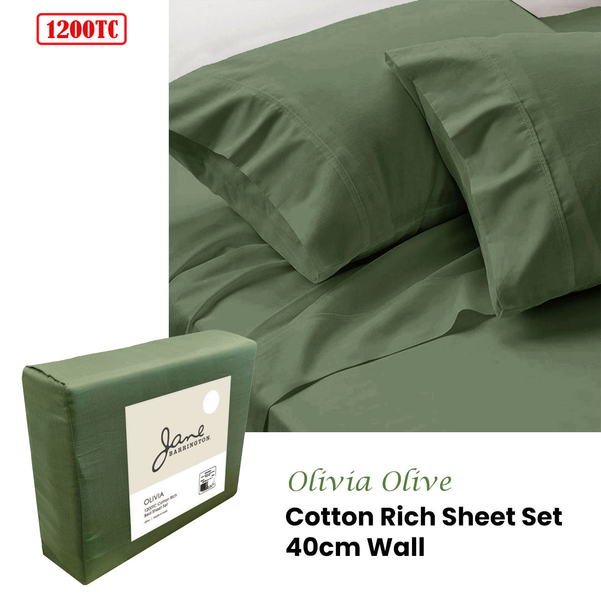 Sheet Set Jane Barrington 1200TC Olivia Cotton Rich 40cm Wall - Olive Queen