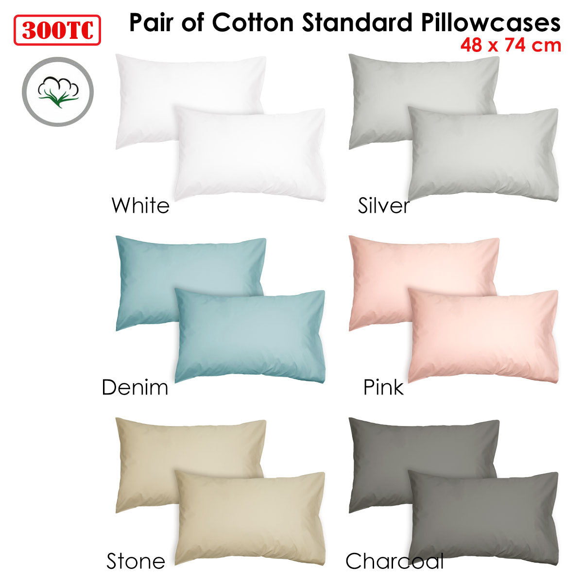 Pair of 300TC Cotton Standard Pillowcases Stone