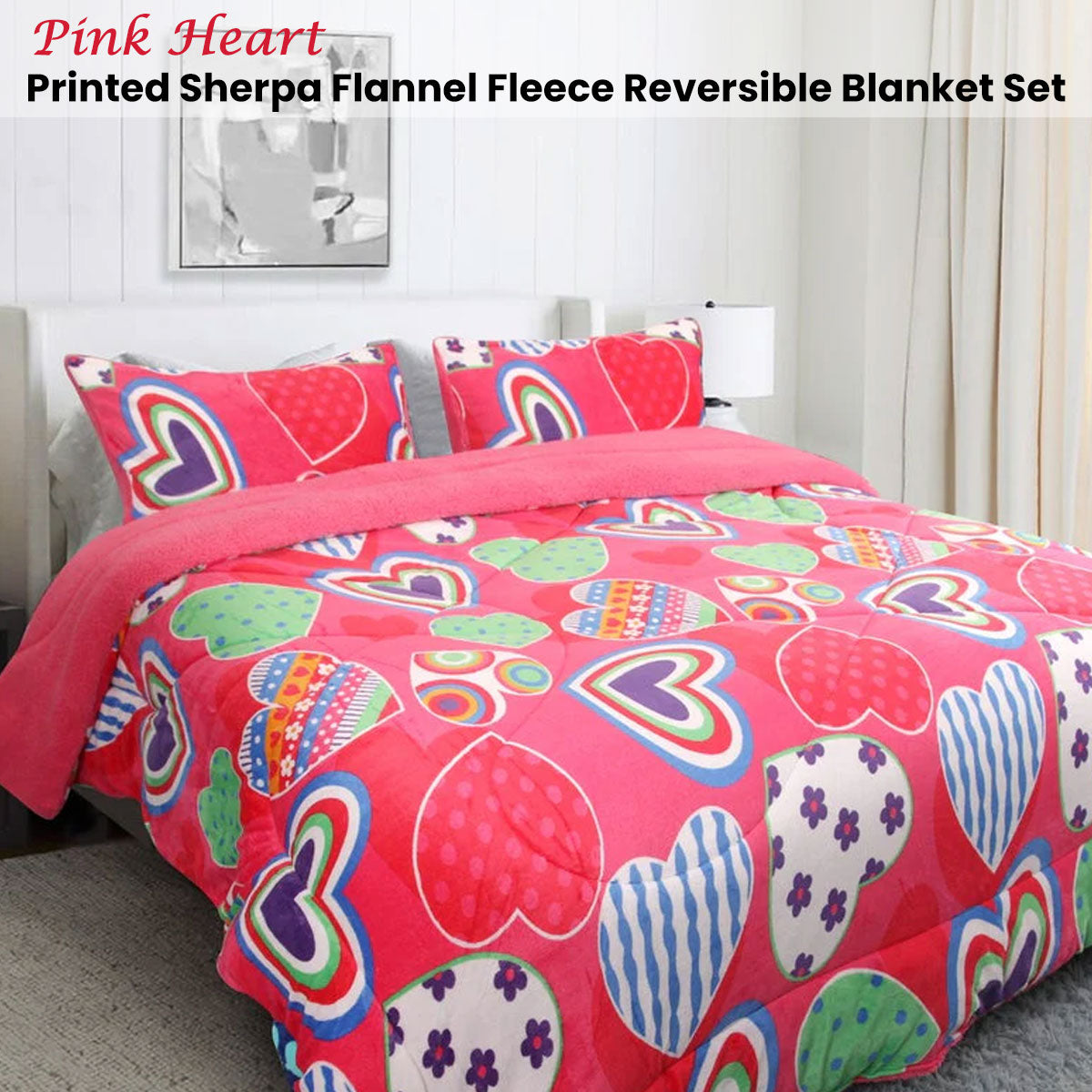 Ramesses Pink Heart Printed Sherpa Flannel Fleece Reversible Blanket Set Single/Double