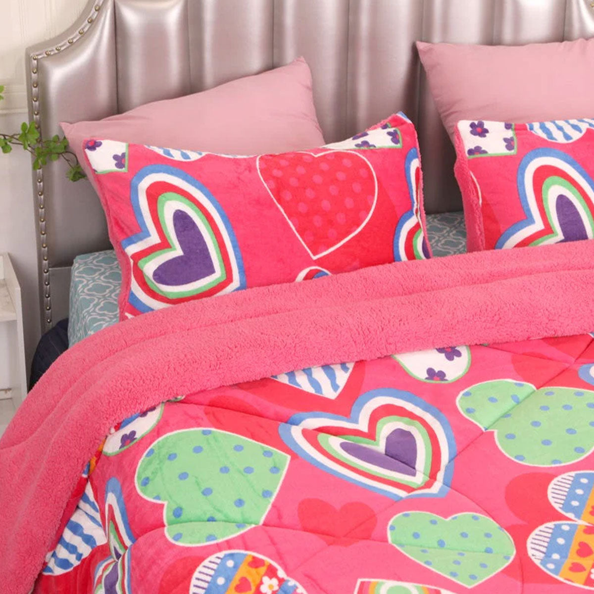 Ramesses Pink Heart Printed Sherpa Flannel Fleece Reversible Blanket Set Single/Double