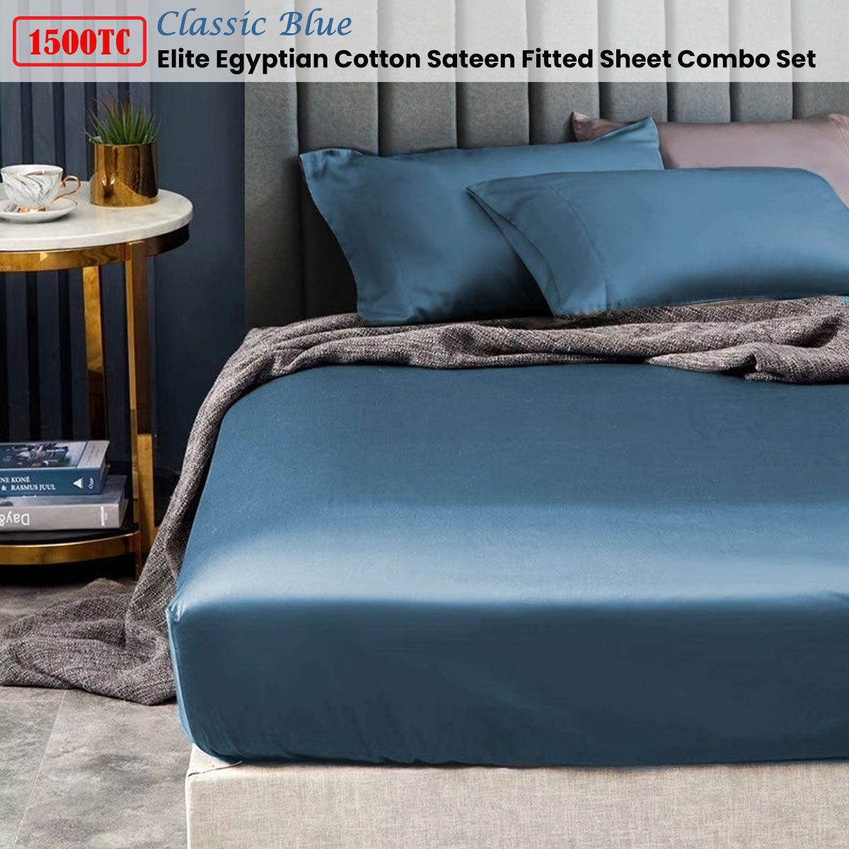 Ramesses 1500TC Elite Egyptian Cotton Sateen Fitted Sheet Combo Set Classic Blue Single