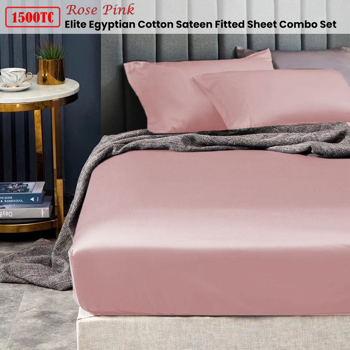 Ramesses 1500TC Elite Egyptian Cotton Sateen Fitted Sheet Combo Set Rose Pink Mega King