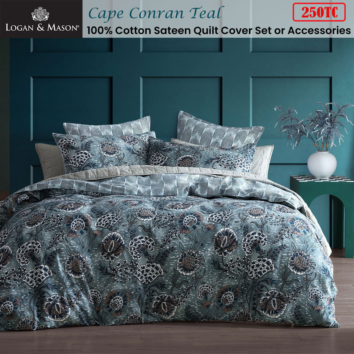 Logan & Mason Cape Conran Teal 250TC 100% Cotton Sateen Quilt Cover Set Queen