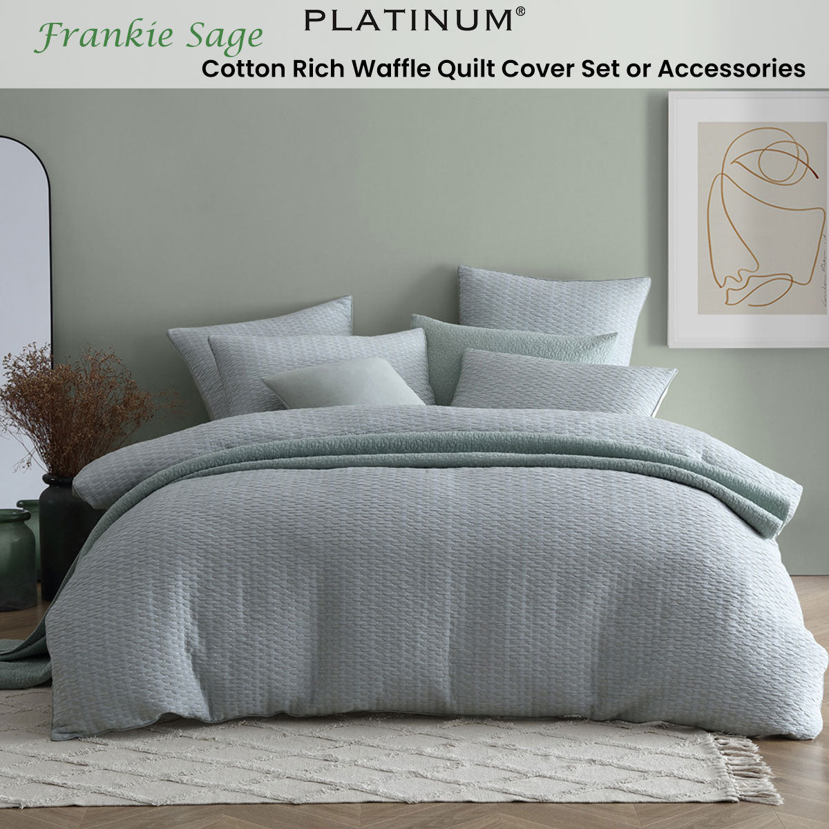 Platinum Collection Frankie Sage Cotton Rich Waffle Quilt Cover Set King