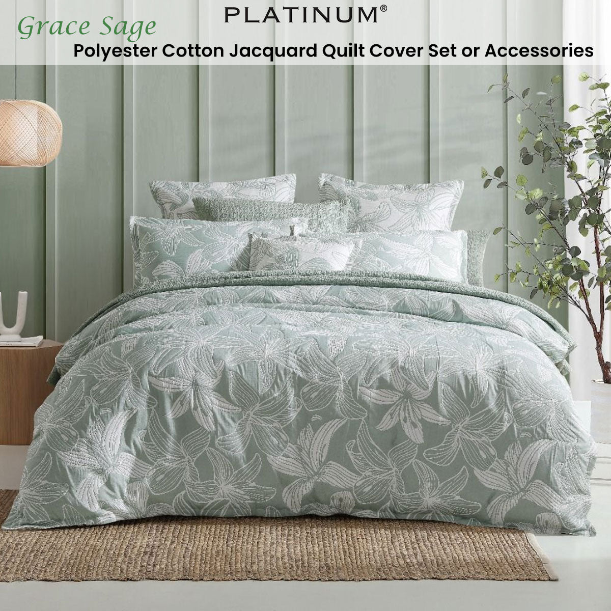 Platinum Collection Grace Sage Polyester Cotton Jacquard Quilt Cover Set Super King