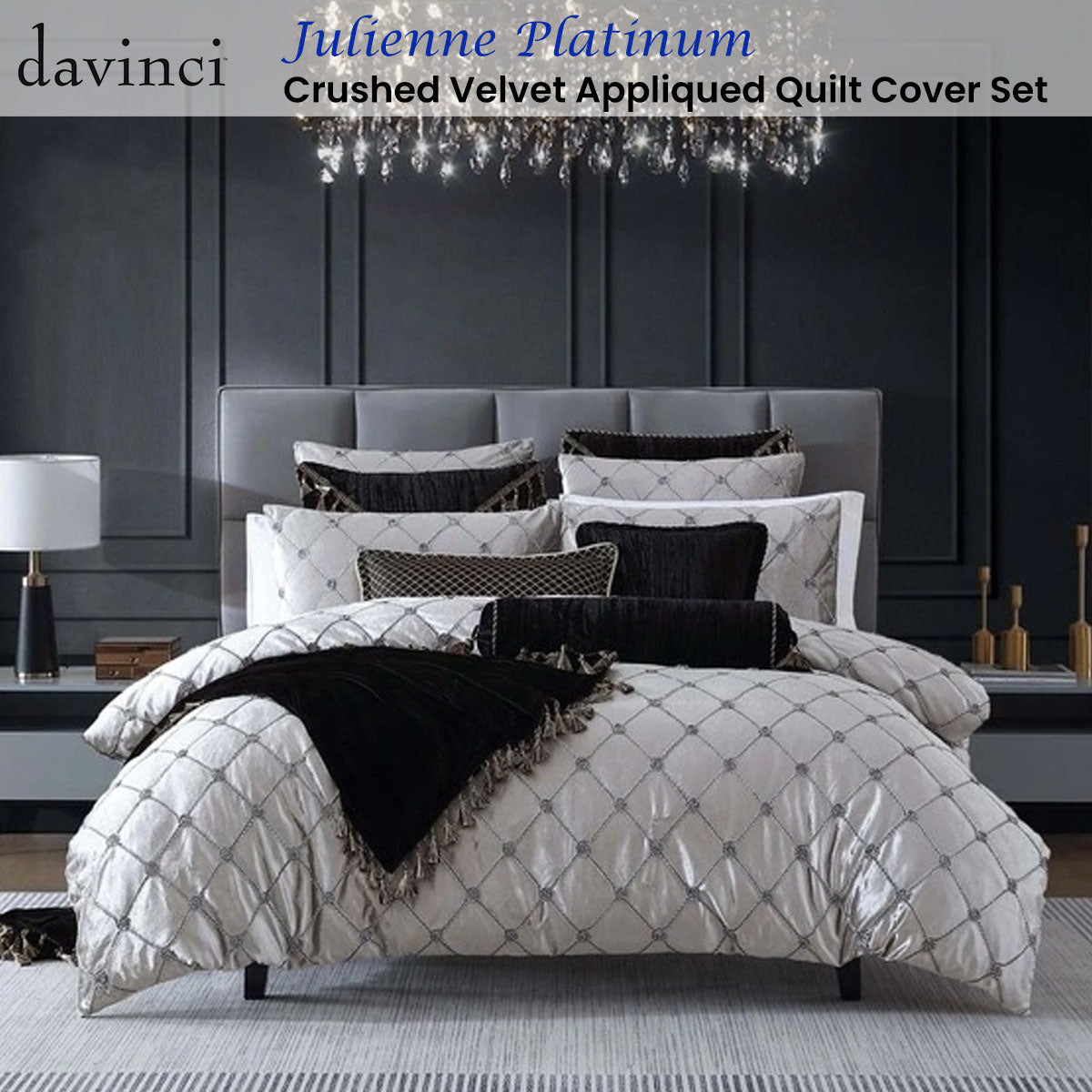 Julienne Platinum Crushed Velvet Applique Quilt Cover Set Queen