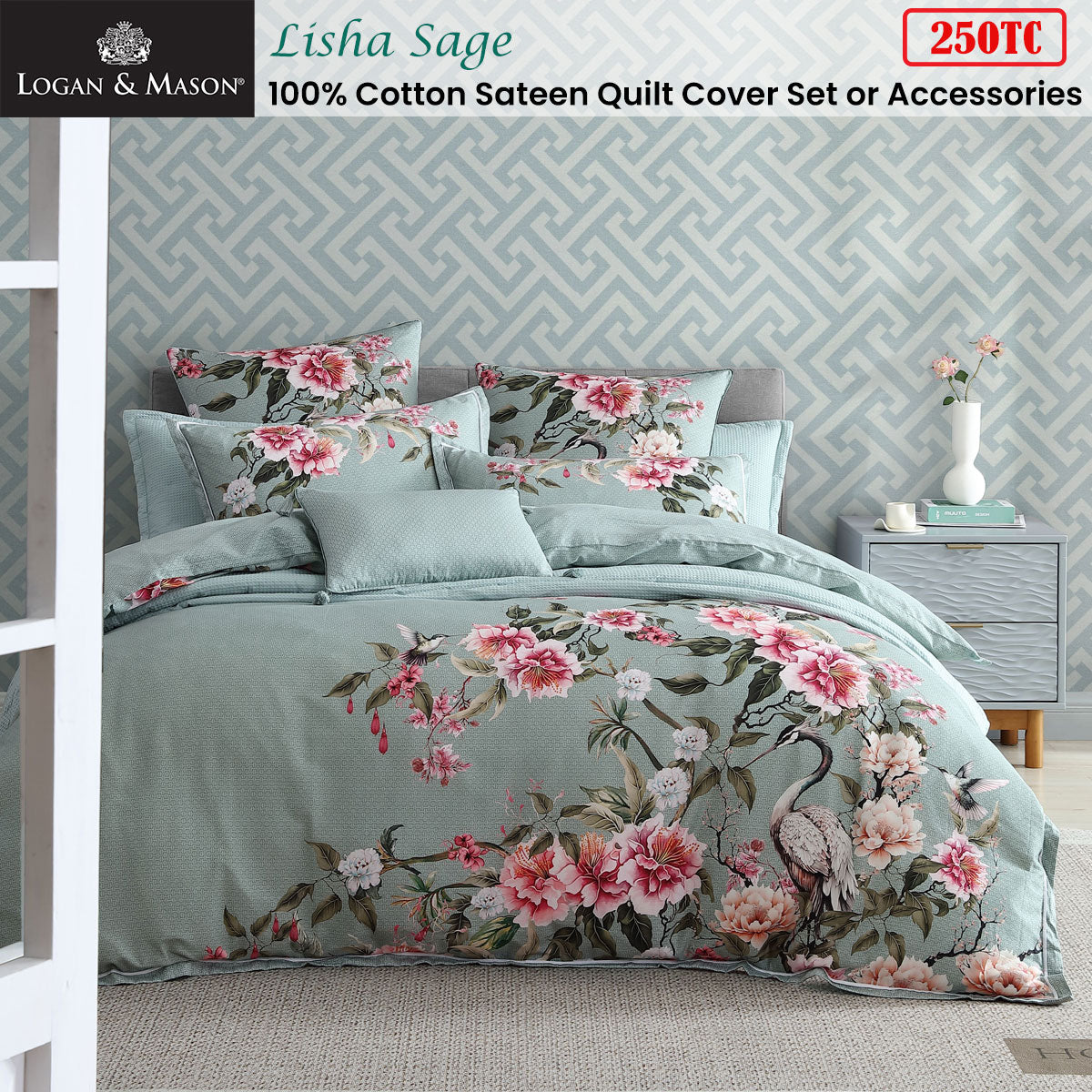 Logan & Mason Lisha Sage 250TC 100% Cotton Sateen Quilt Cover Set Queen