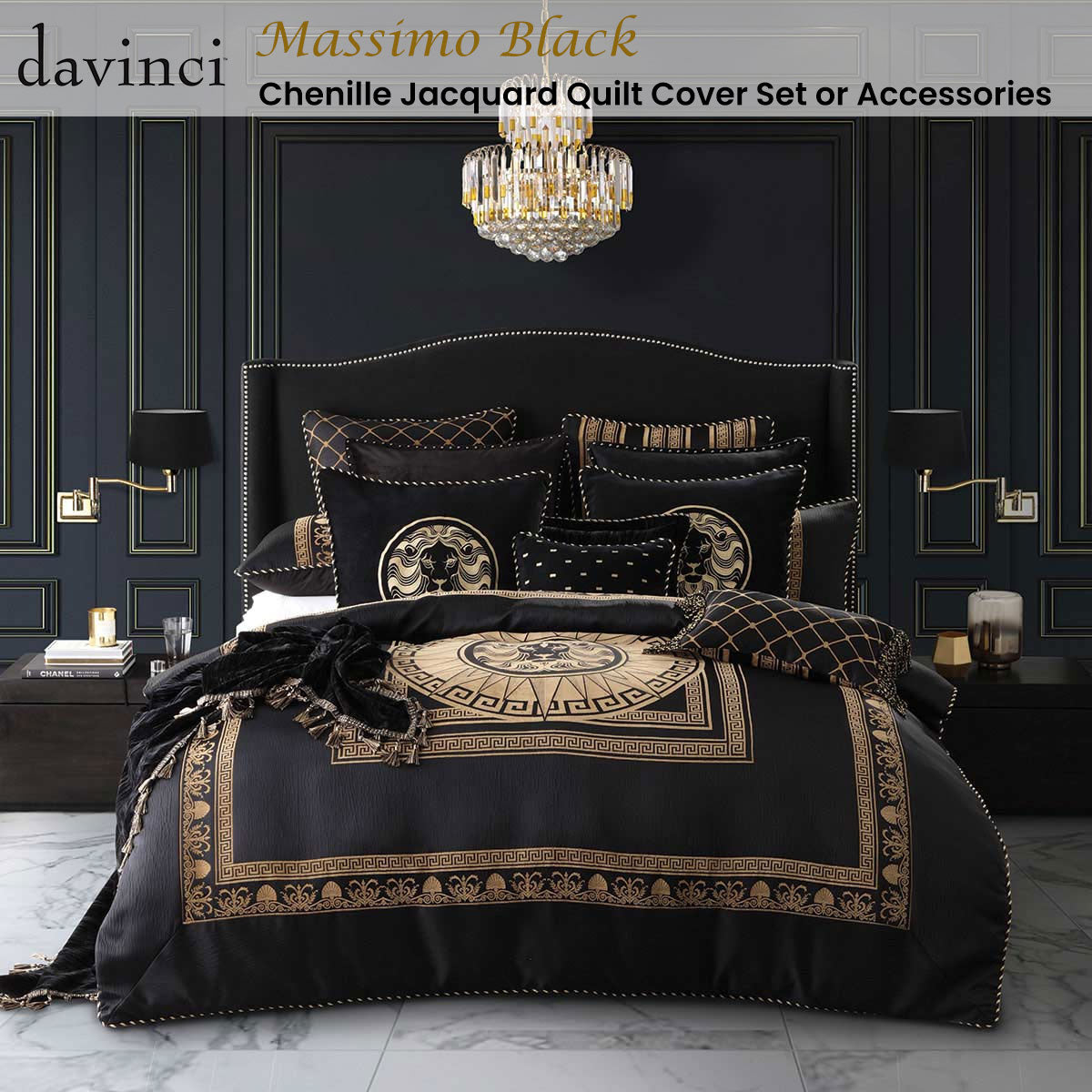 Massimo Black Yarn-dyed Chenille Jacquard Quilt Cover Set King