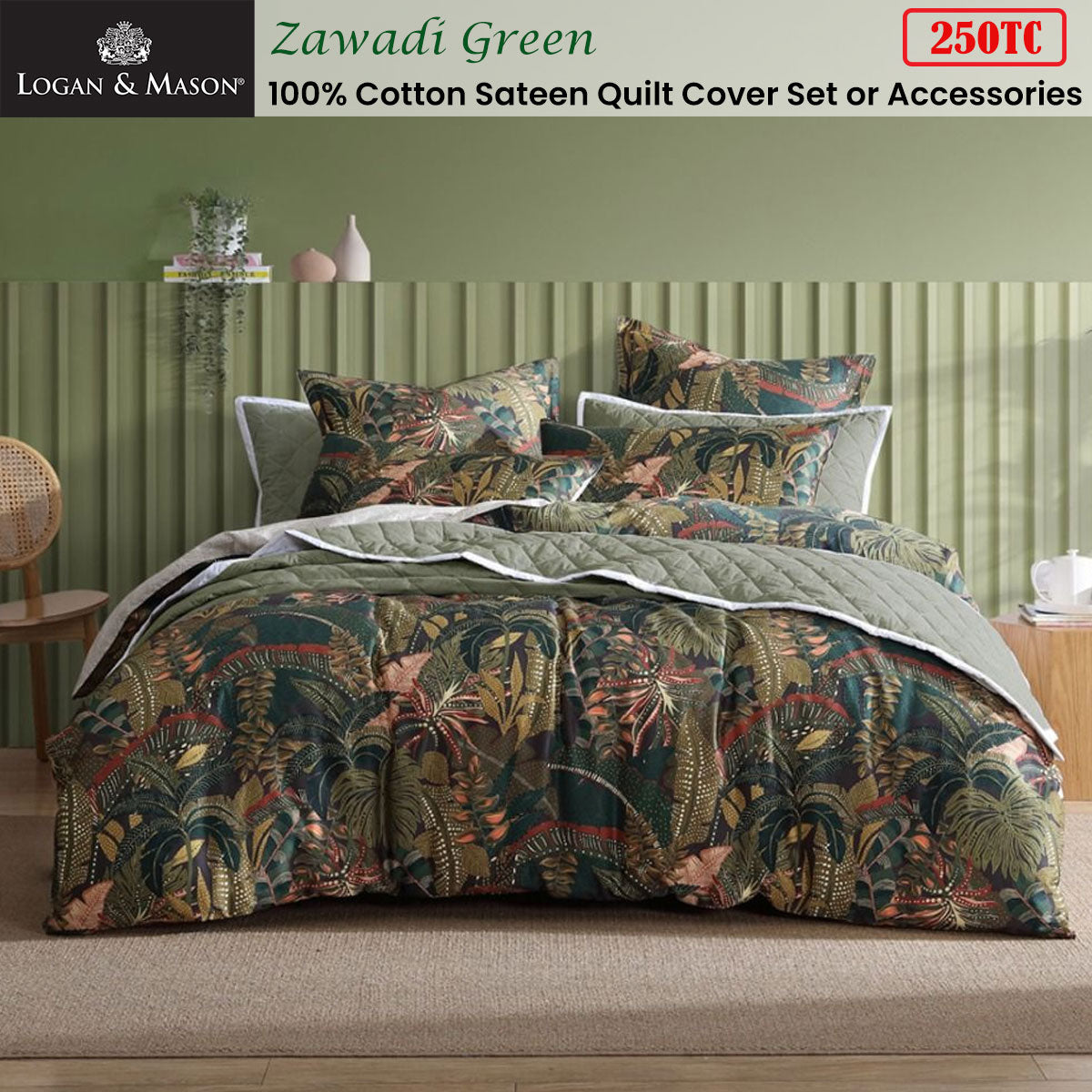 Logan & Mason Zawadi Green 250TC 100% Cotton Sateen Quilt Cover Set Queen