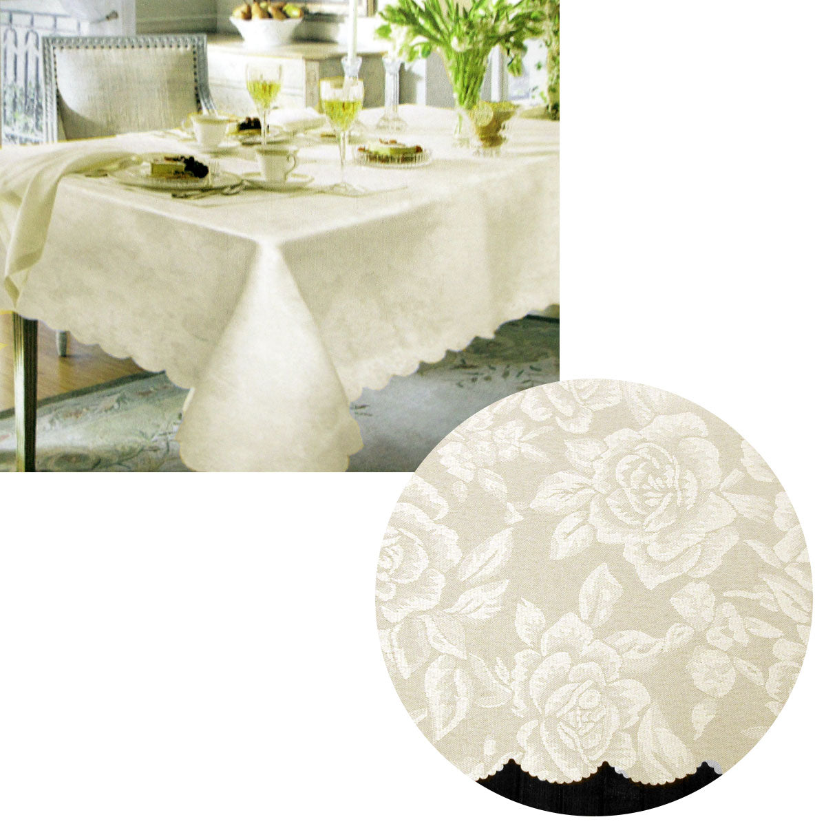 Jacquard Damask Design with Scalloped Edging Table Cloth Cream 140 x 180 cm