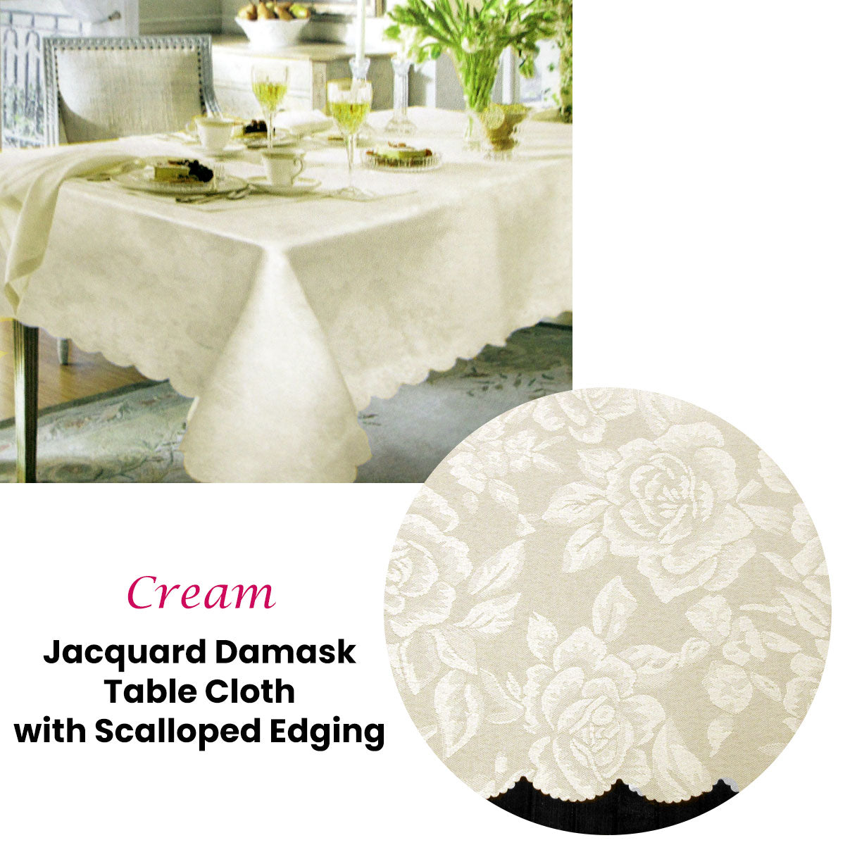 Jacquard Damask Design with Scalloped Edging Table Cloth Cream 150 x 220 cm