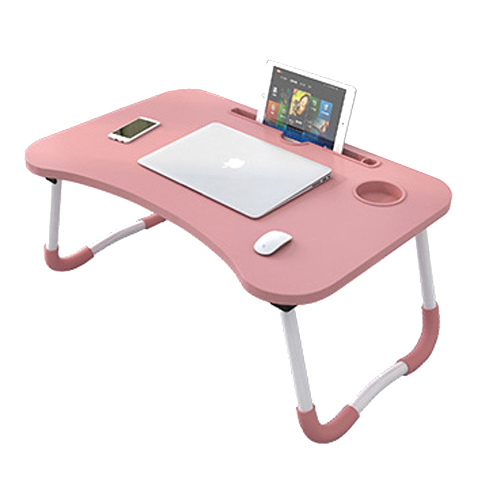 Foldable Desk Laptop Stand Table Bed Computer Study Adjustable Portable Cup Slot(Pink)