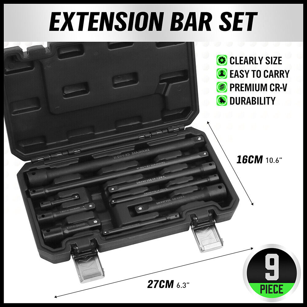 9Pcs Extension Bar Set 1/4" 3/8" 1/2" Black Drive Socket Auto Repairing