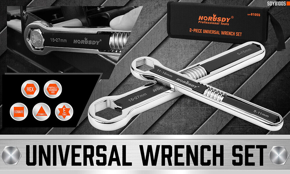 HORUSDY 2Pcs Universal Wrench Set SAE & Metric Spanner Hex E-Torx Triangle