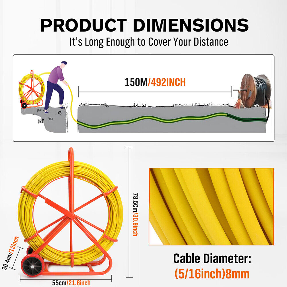 150M√ó8MM Fish Tape Puller Fiberglass Wire Cable Running Duct Rodder Heavy Duty