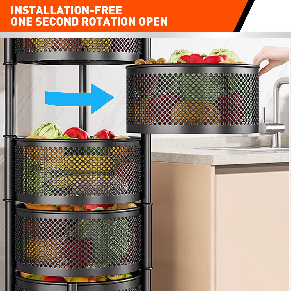 5 Tiers Kitchen Trolley Cart Wheels Round Vegetable Storage Holder Fruit Holder