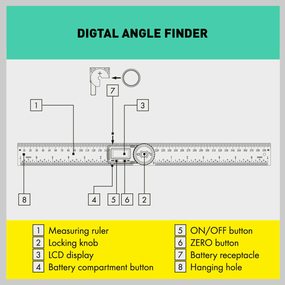 200mm Digital Angle Finder Ruler Protractor Measure Meter Stainless Steel 0-360