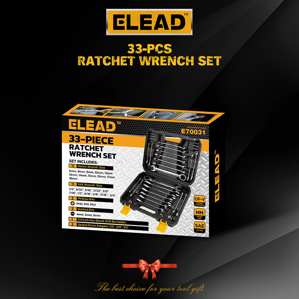 ELEAD 33Pcs Ratchet Wrench Set SAE Metric Wrench Phillips Slotted Bits Adapter