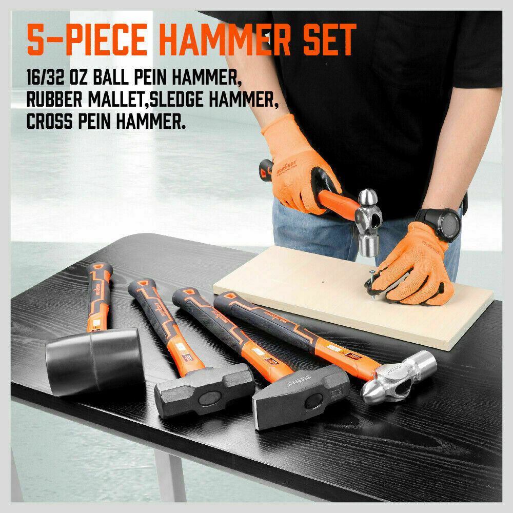 5Pc Hammer Set Rubber / Ball Pein / Sledge / Cross Pein Mallet TPR Grip Handle