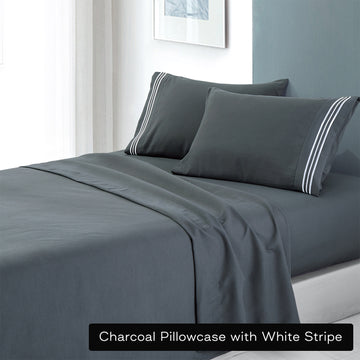 soft microfibre embroidered stripe sheet set king single charcoal pillowcase white stripe