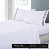 soft microfibre embroidered stripe sheet set king single white pillowcase charcoal stripe