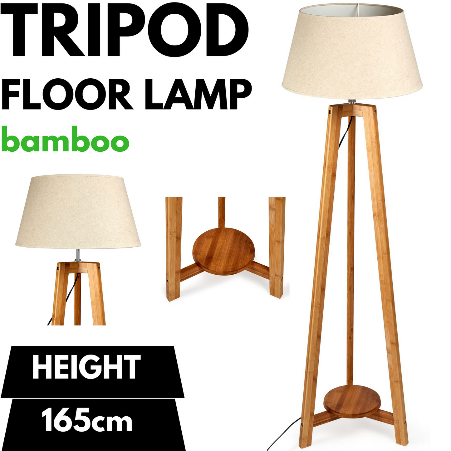 155cm Large Bamboo Wooden Tripod Floor Lamp w Beige Light Shade