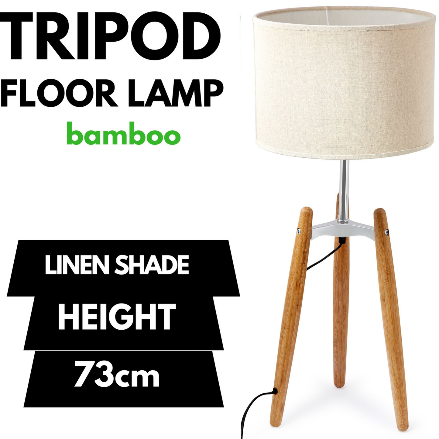 Table Lamp Bamboo Tripod 73cm Light Modern Vintage with Beige Shade