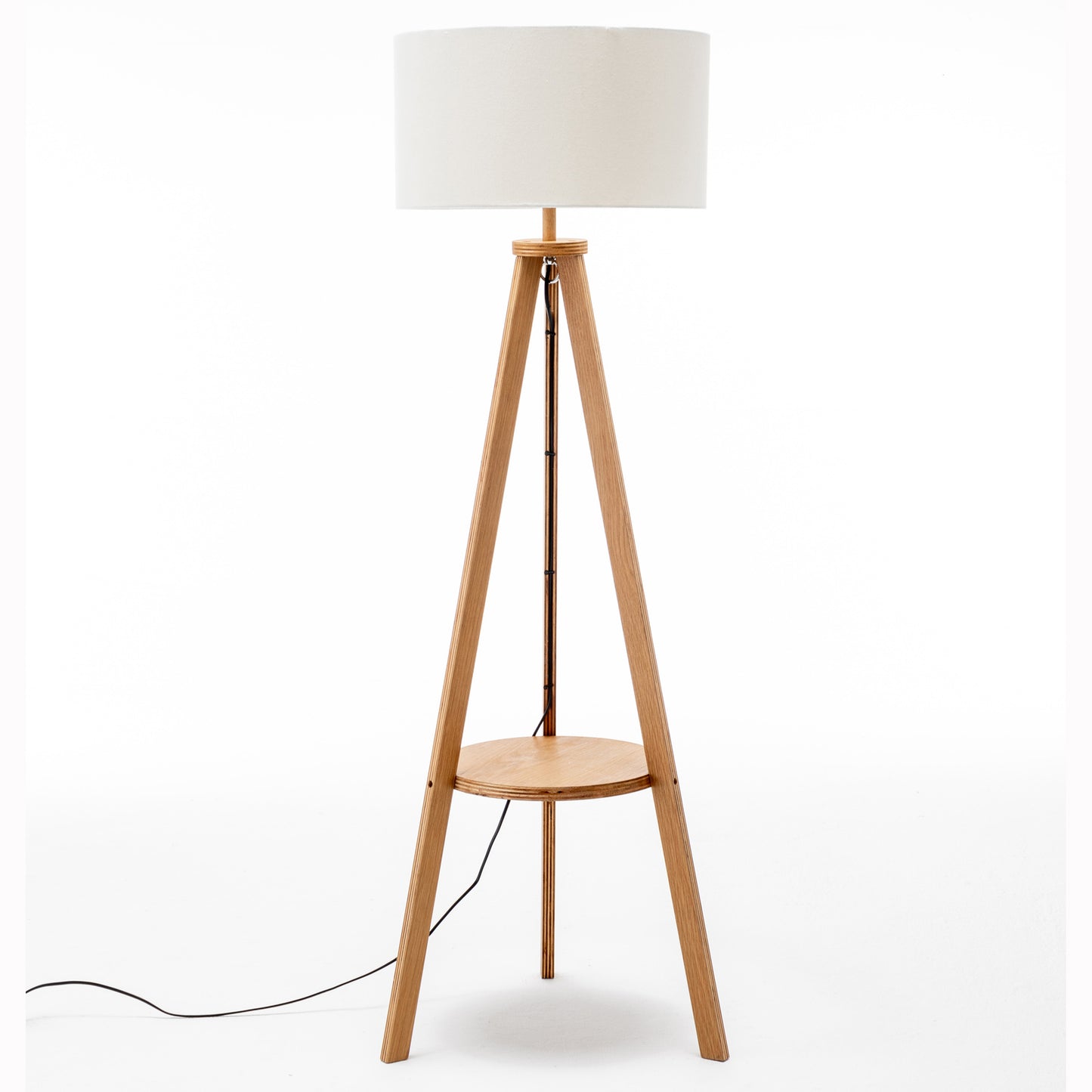 Natural Wooden Tripod Floor Lamp w/ Round Wood Shelf + Off White Shade