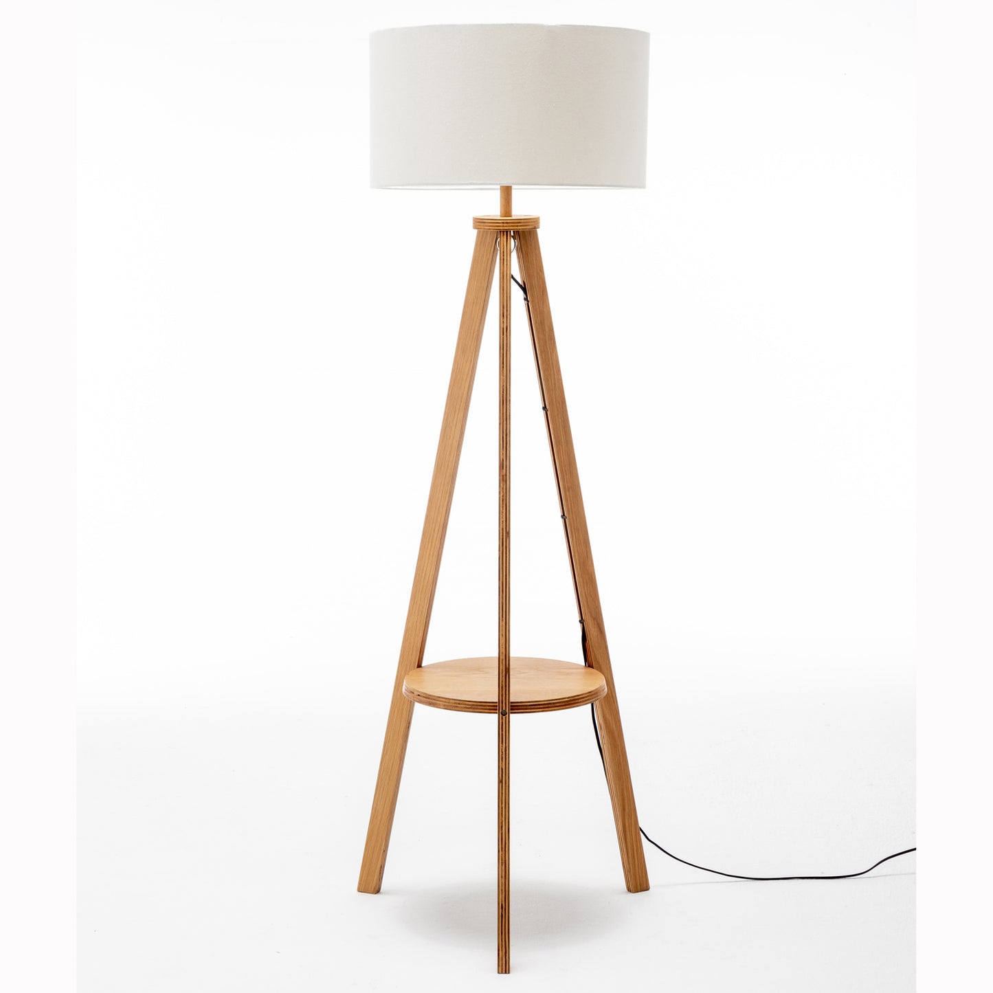 Natural Wooden Tripod Floor Lamp w/ Round Wood Shelf + Off White Shade