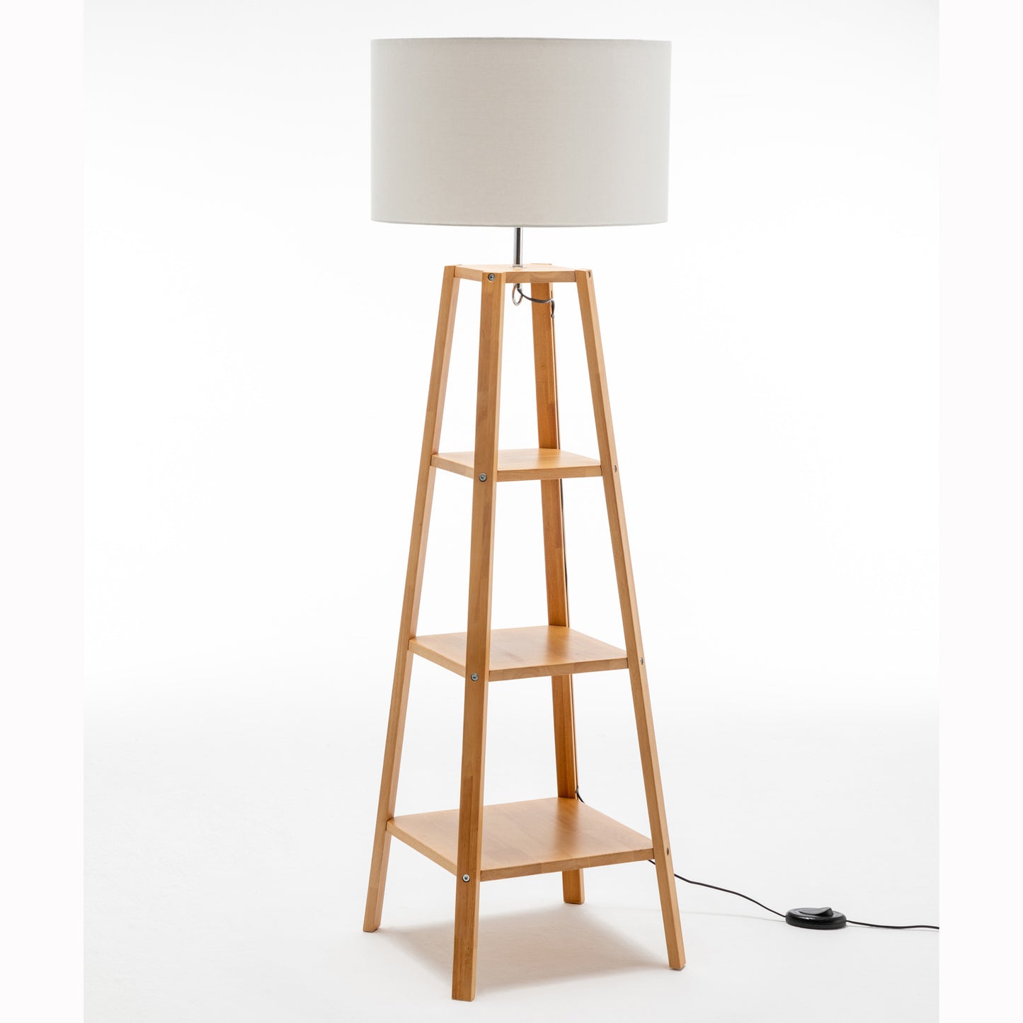 Eiffel 3 Tier Natural Wood Floor Lamp w/ Storage Shelves + Off White Shade