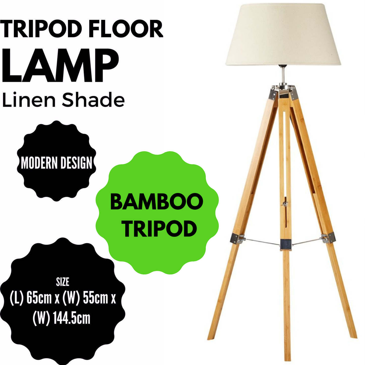 LARGE TRIPOD FLOOR LAMP Shade Modern Light Bamboo Vintage Wooden Retro