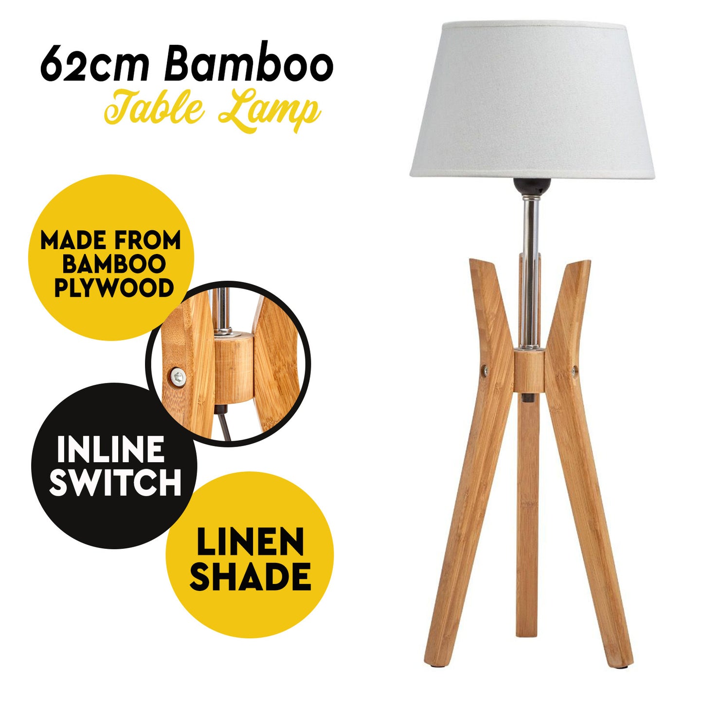 Bamboo Tripod Table Lamp Desk Modern Rustic Geo Light w Shade