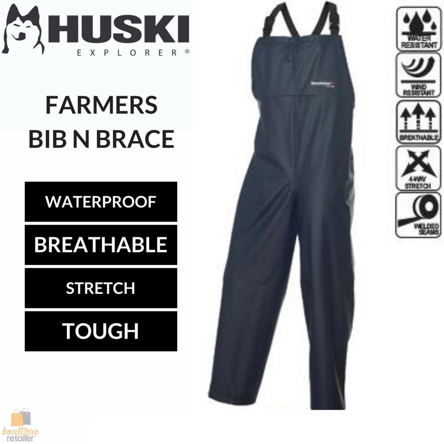 HUSKI OVERALLS Farmers Bib N Brace Waterproof Stretch Windproof Work - Navy - 4XL