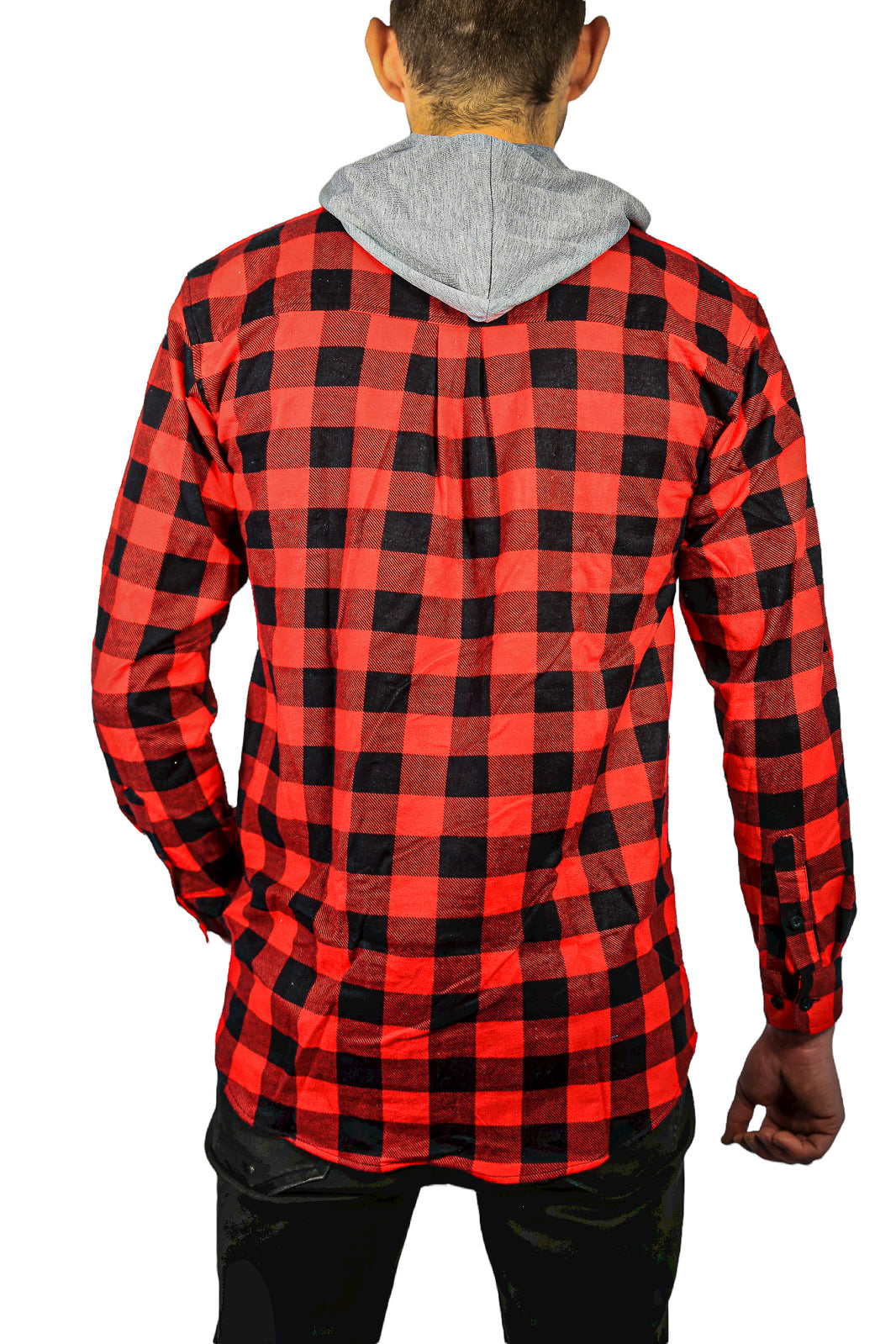 Mens Cotton Flannelette Shirt w Jersey Hood Long Sleeve Flannel - Red/Black - S